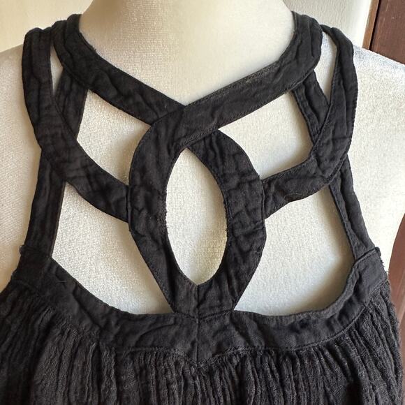 FREE PEOPLE | FP One Black Gauze Lattice Neck Swing Tank Geo blouson Boho Small - Picture 2 of 5